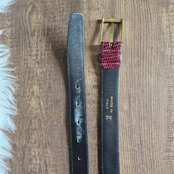 Vintage Snakeskin Italian Leather Belt with Brass Buckle, 36” M/L, Burgundy - Picture 4 of 5